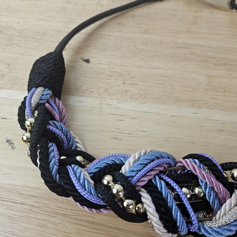 Vintage 1980's Braided Rope Cord Brass Buckle Belt Statement Purple Black Boho‎